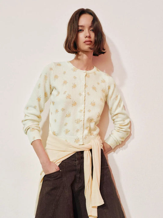 Ribbed Floral Print Crew Neck Long Sleeve Cardigan