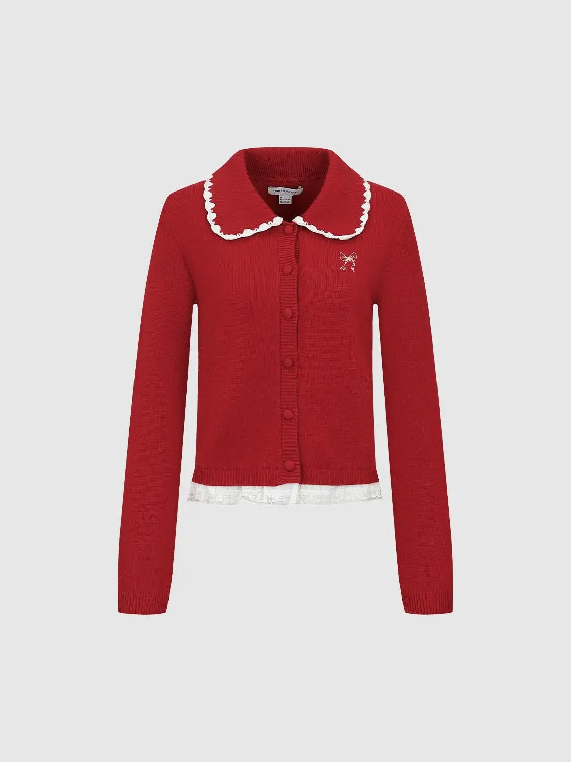 Ruffle Collar Long Sleeve Embroidered Bow Cardigan