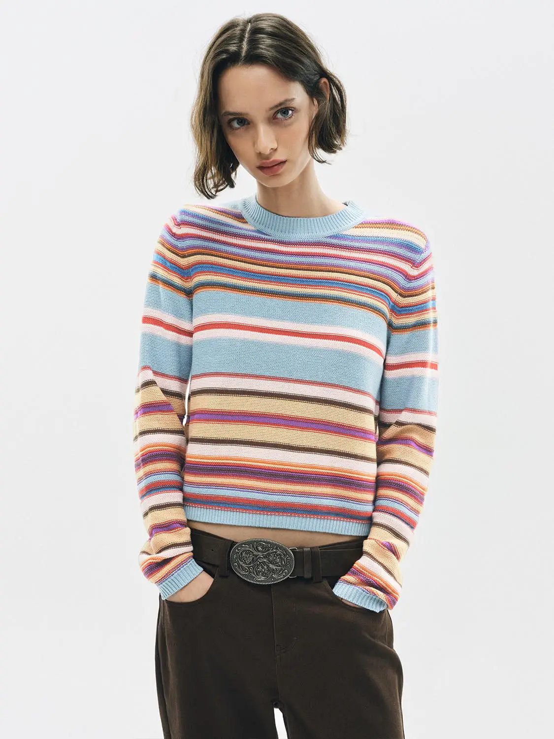 Knitted Striped Long Sleeve Crew Neck Sweater