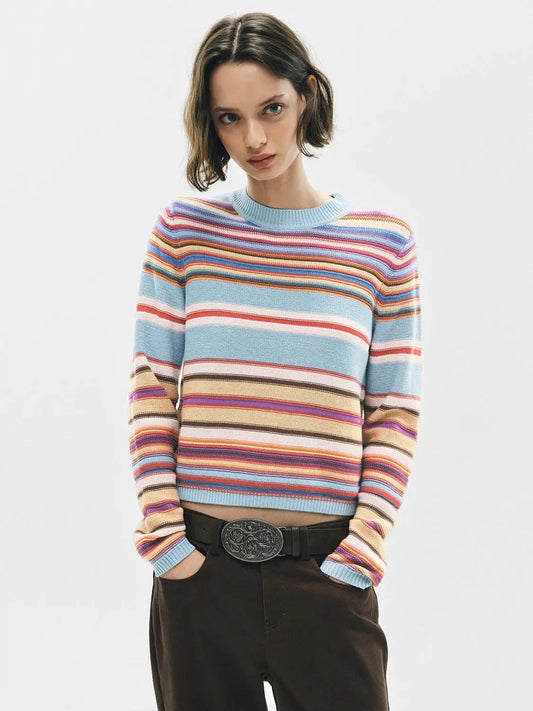 Knitted Striped Long Sleeve Crew Neck Sweater