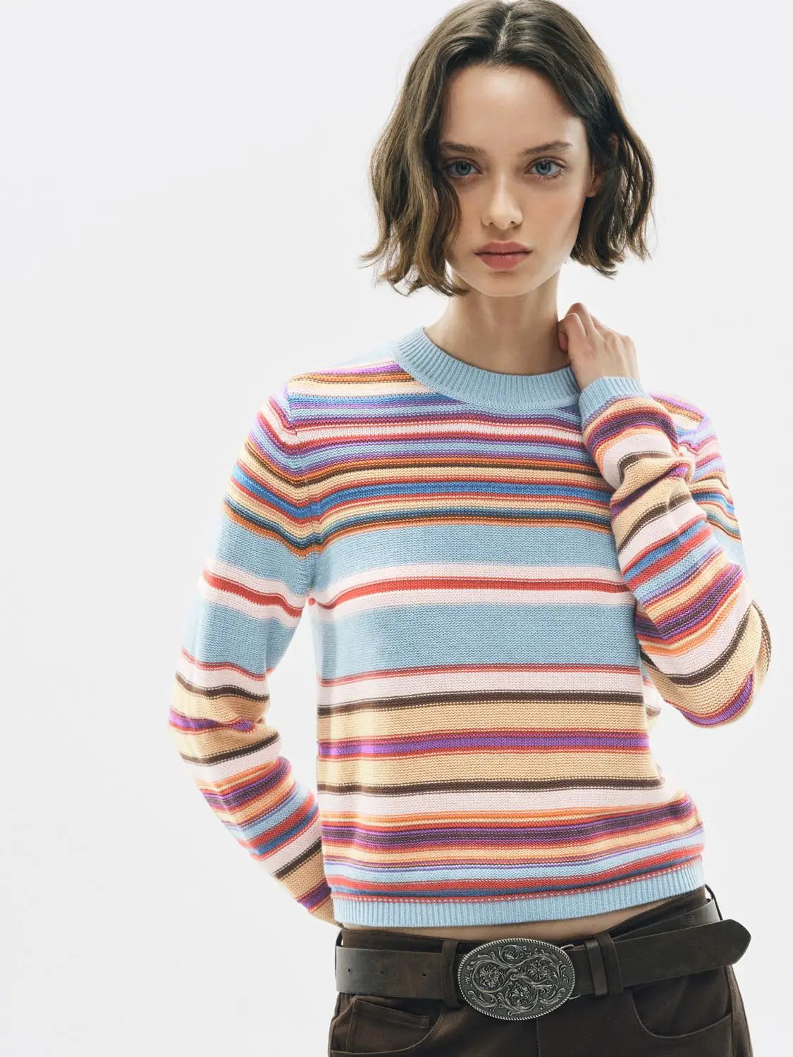 Knitted Striped Long Sleeve Crew Neck Sweater