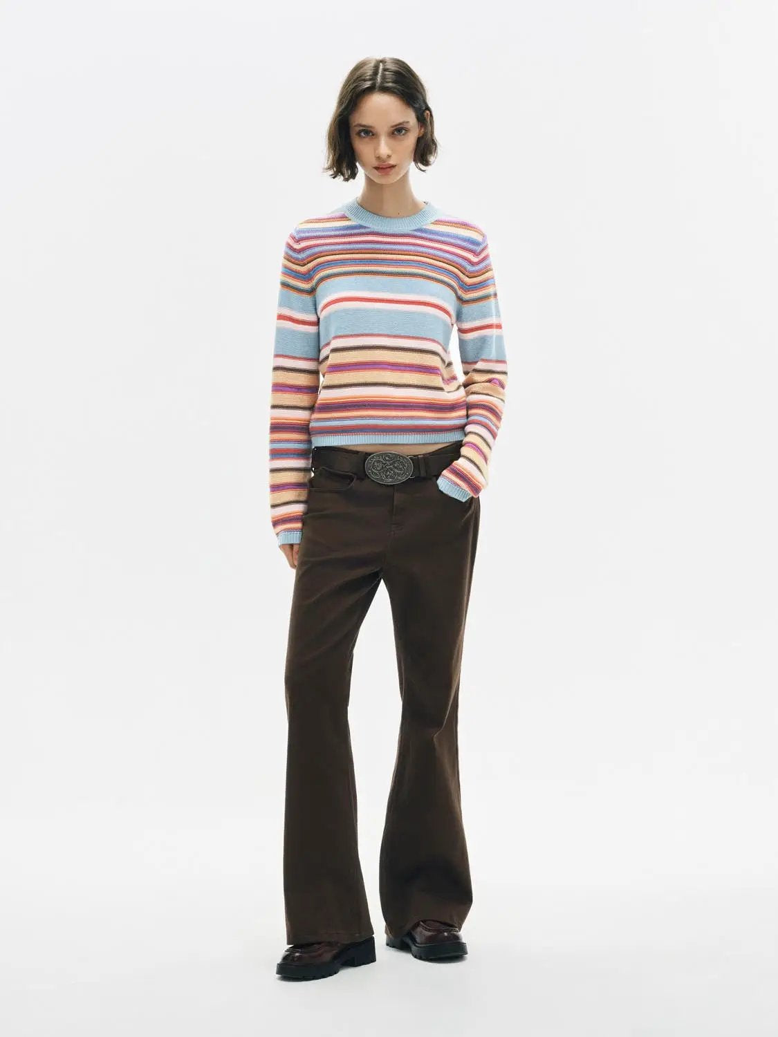 Knitted Striped Long Sleeve Crew Neck Sweater
