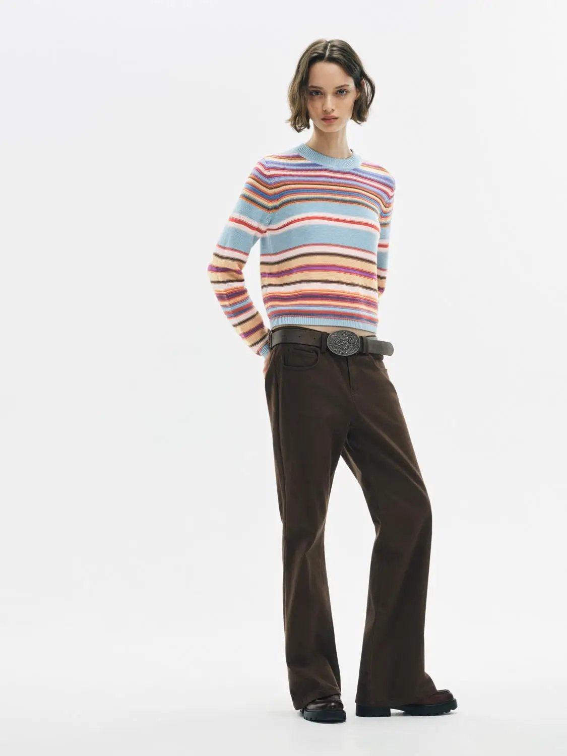 Knitted Striped Long Sleeve Crew Neck Sweater