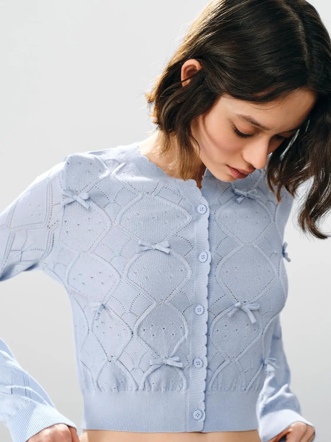 Openwork Diamond Bow Crew Neck Long Sleeve Knit Cardigan
