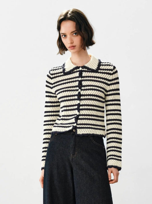 Striped Collar Long Sleeve Cotton Knit Cardigan