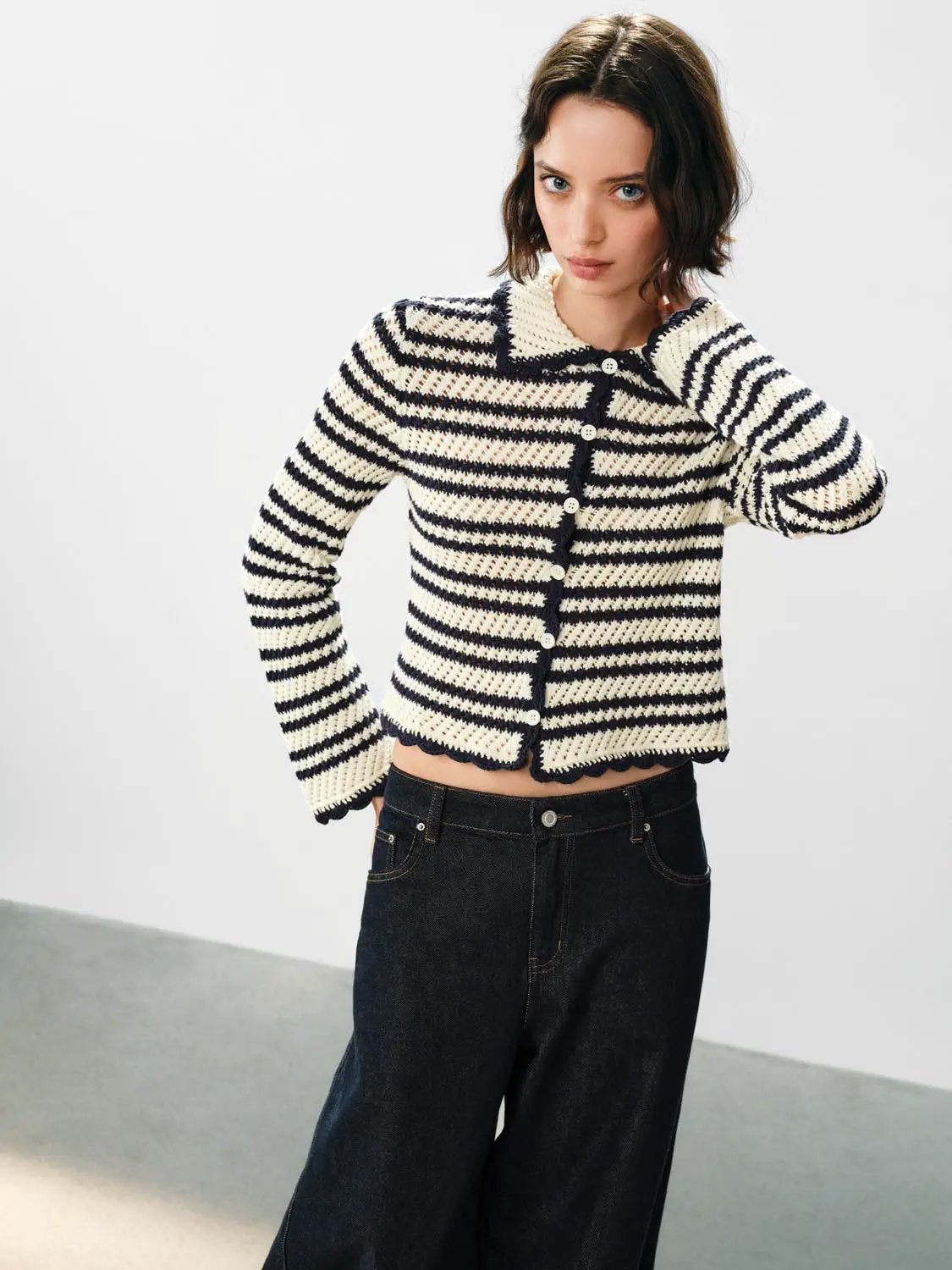Striped Collar Long Sleeve Cotton Knit Cardigan