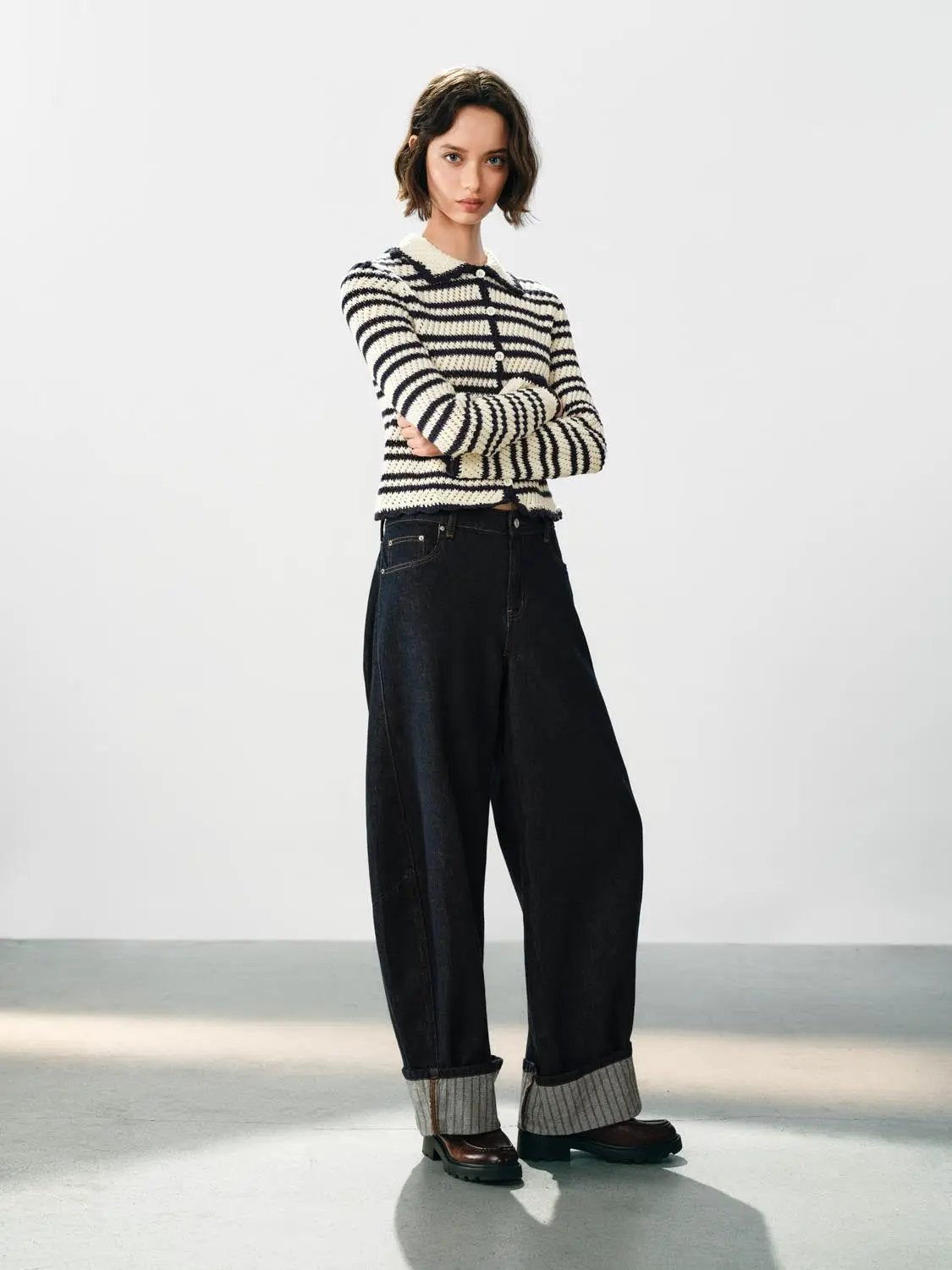 Striped Collar Long Sleeve Cotton Knit Cardigan