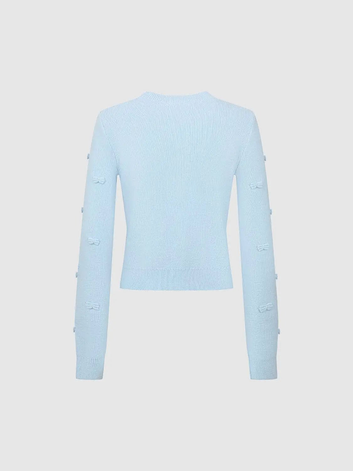 Bow Fitted Crew Neck Long Sleeve Ribbed Knit Cardigan