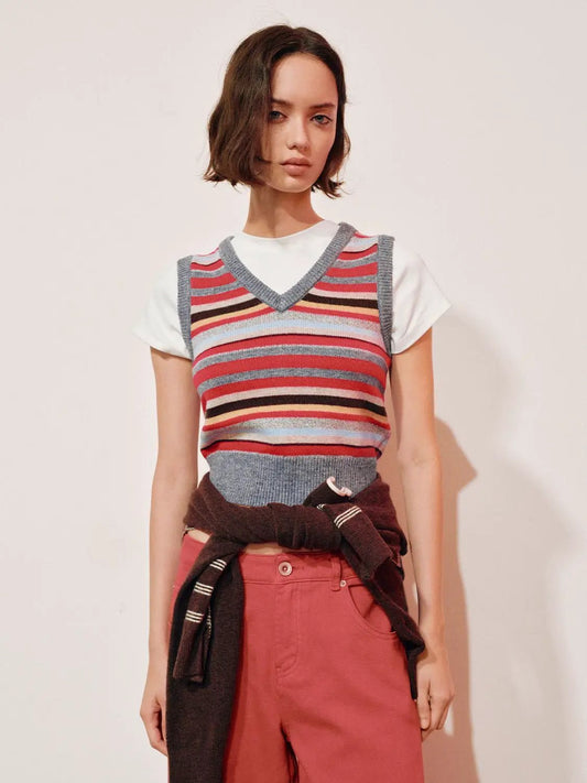 Layered Striped V-neck Knit Short Sleeve T-Shirt