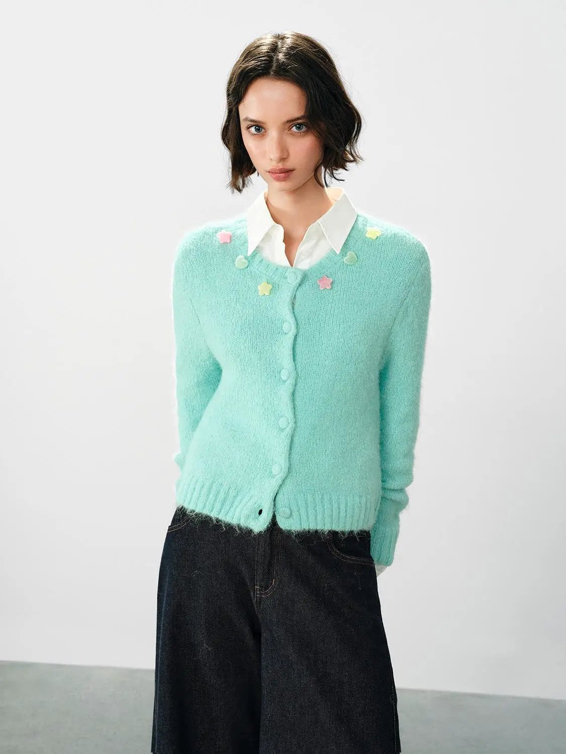 Button Front Ribbed Crew Neck Long Sleeve Cardigan