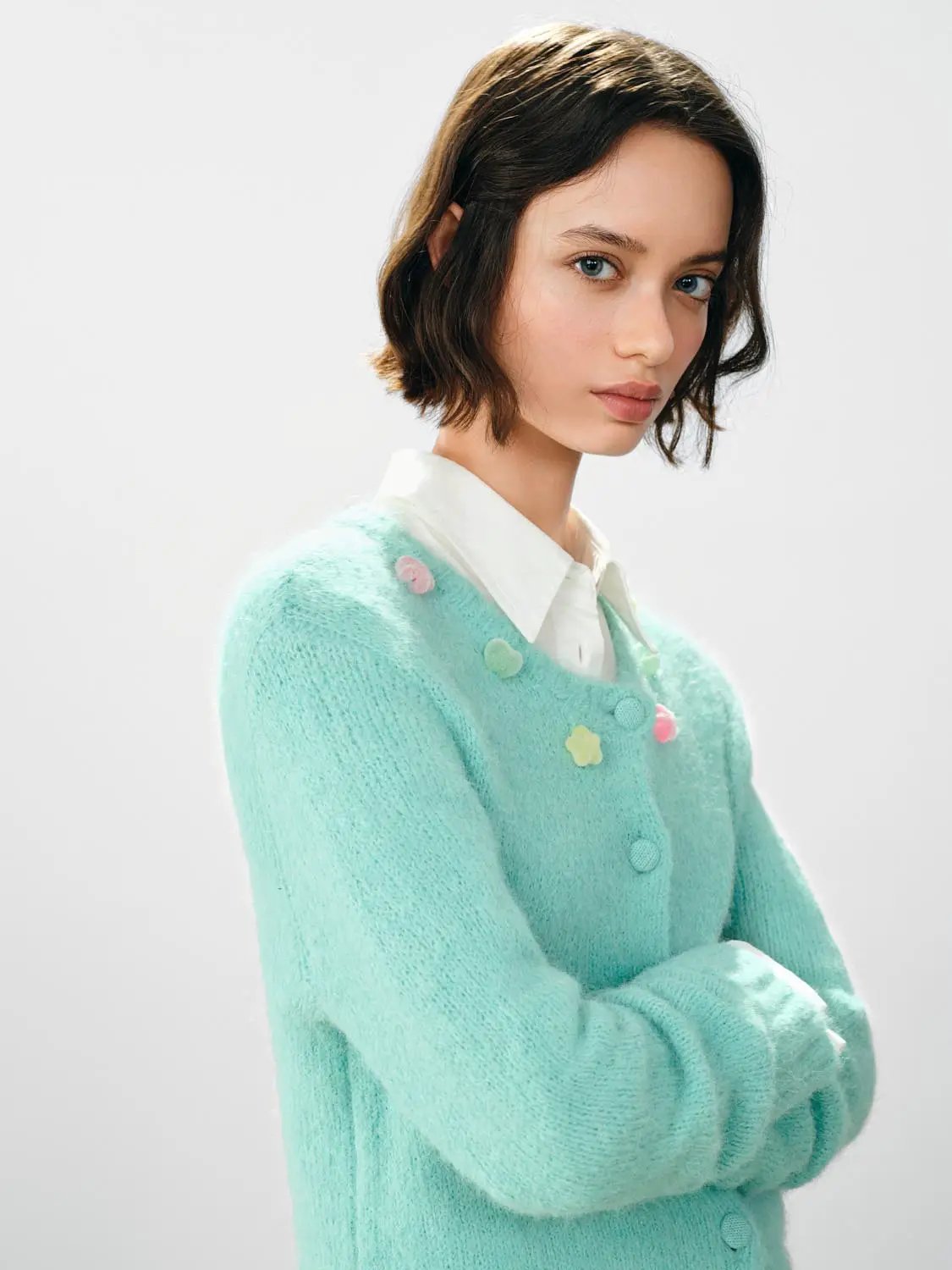 Button Front Ribbed Crew Neck Long Sleeve Cardigan