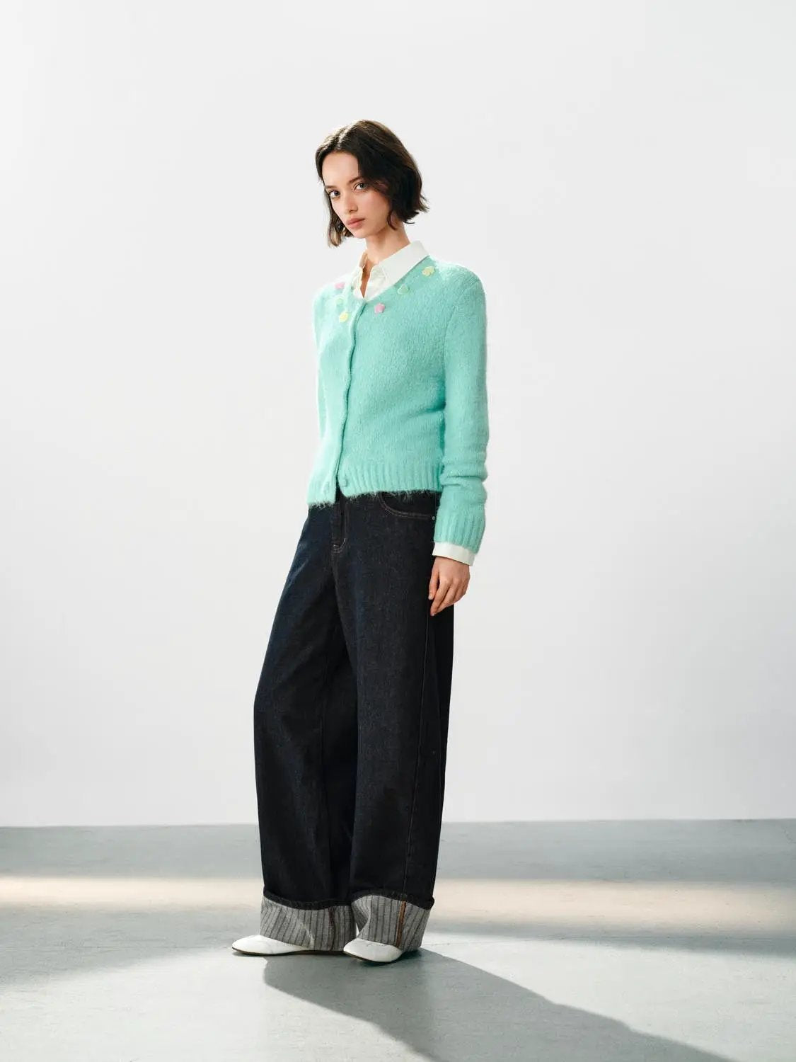 Button Front Ribbed Crew Neck Long Sleeve Cardigan