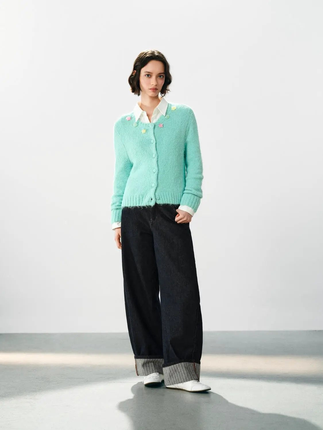 Button Front Ribbed Crew Neck Long Sleeve Cardigan