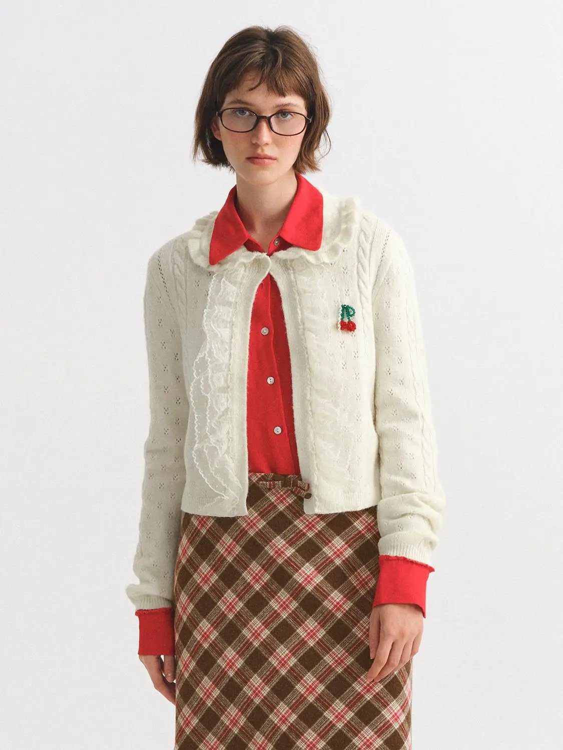 Textured Cable Knit Ruffle Trim Long Sleeve Cardigan