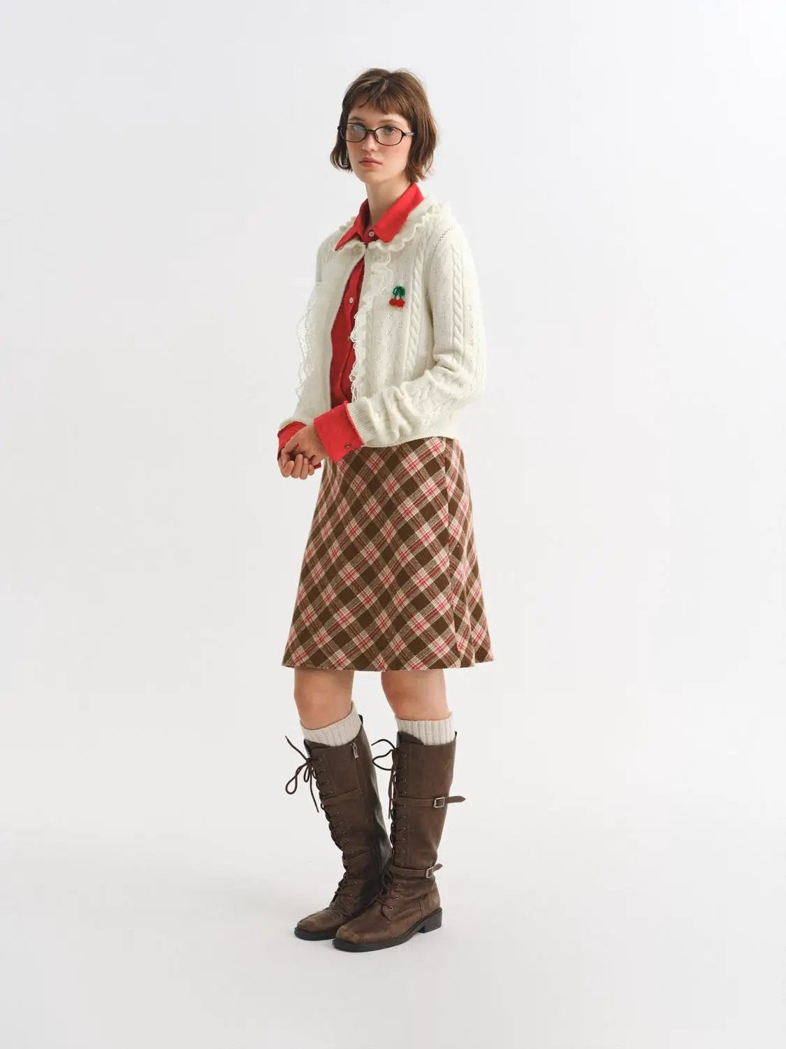 Textured Cable Knit Ruffle Trim Long Sleeve Cardigan
