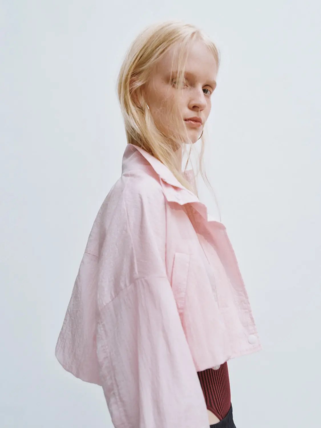 Cropped Stand Collar Open Front Long Sleeve Jacket