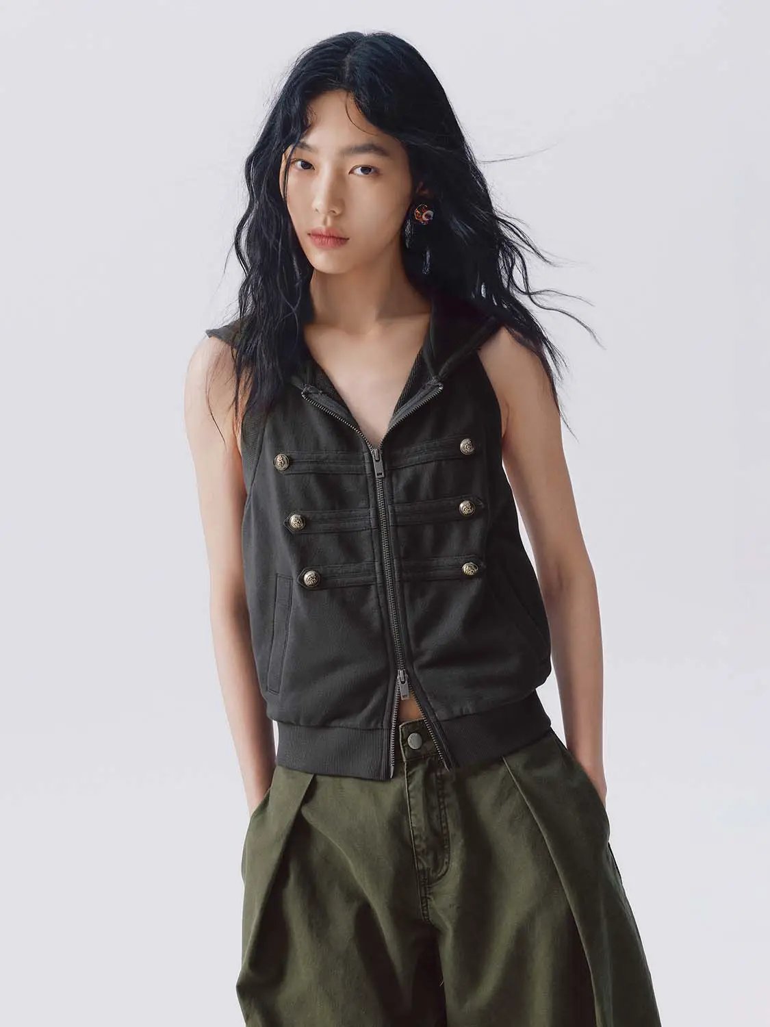 Hooded Button Zip Cotton Sleeveless Casual Vest