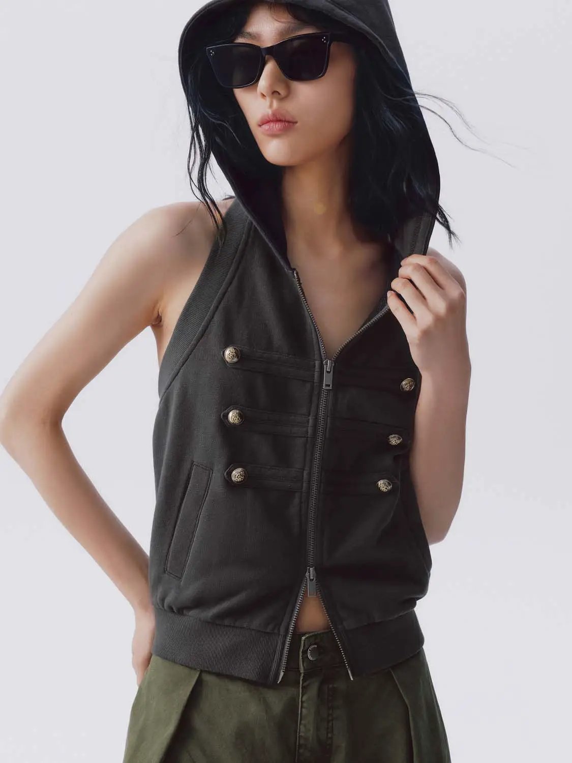 Hooded Button Zip Cotton Sleeveless Casual Vest