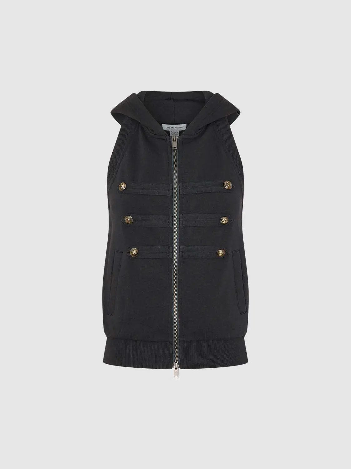 Hooded Button Zip Cotton Sleeveless Casual Vest