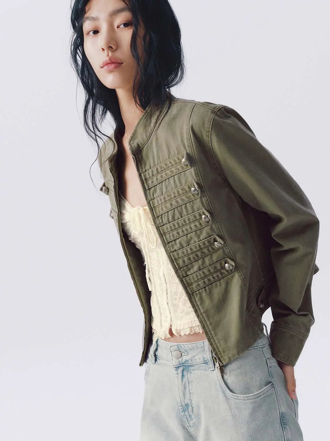 Stand Collar Braided Trim Double Breasted Cropped Jacket