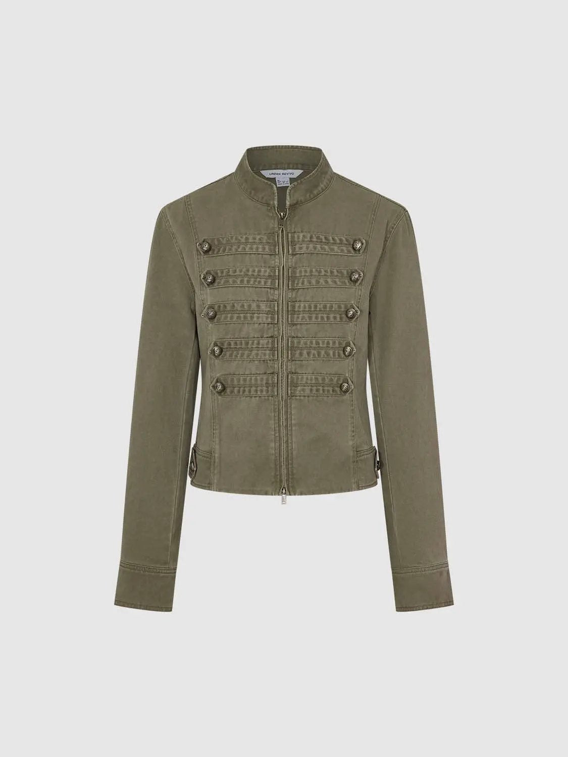 Stand Collar Braided Trim Double Breasted Cropped Jacket