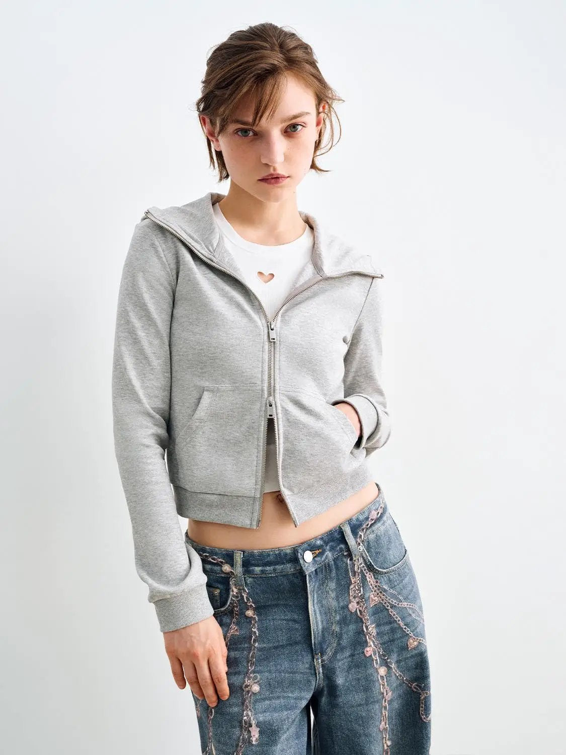 Heather Grey Cropped Zip Front Cotton Blend Hoodie
