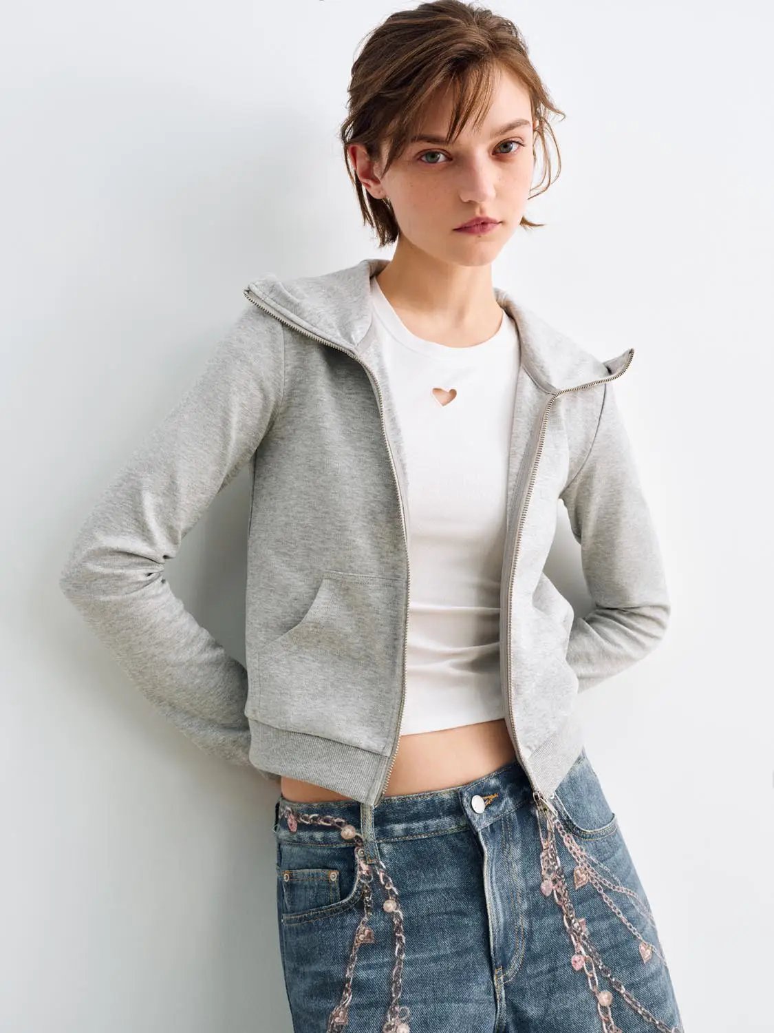 Heather Grey Cropped Zip Front Cotton Blend Hoodie