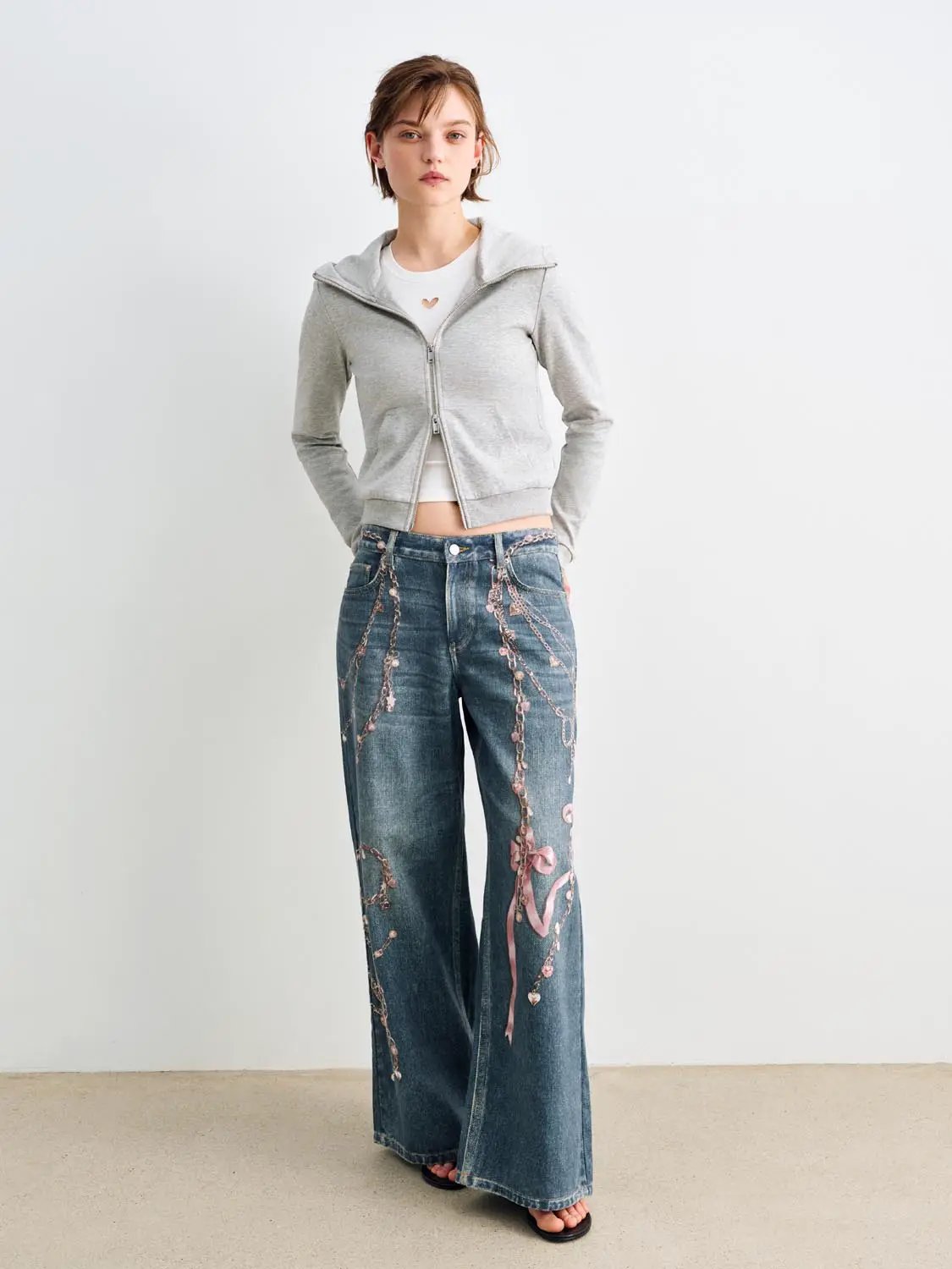 Heather Grey Cropped Zip Front Cotton Blend Hoodie
