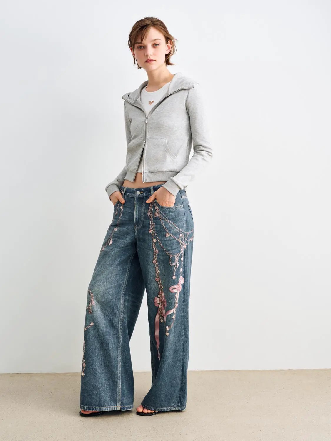 Heather Grey Cropped Zip Front Cotton Blend Hoodie