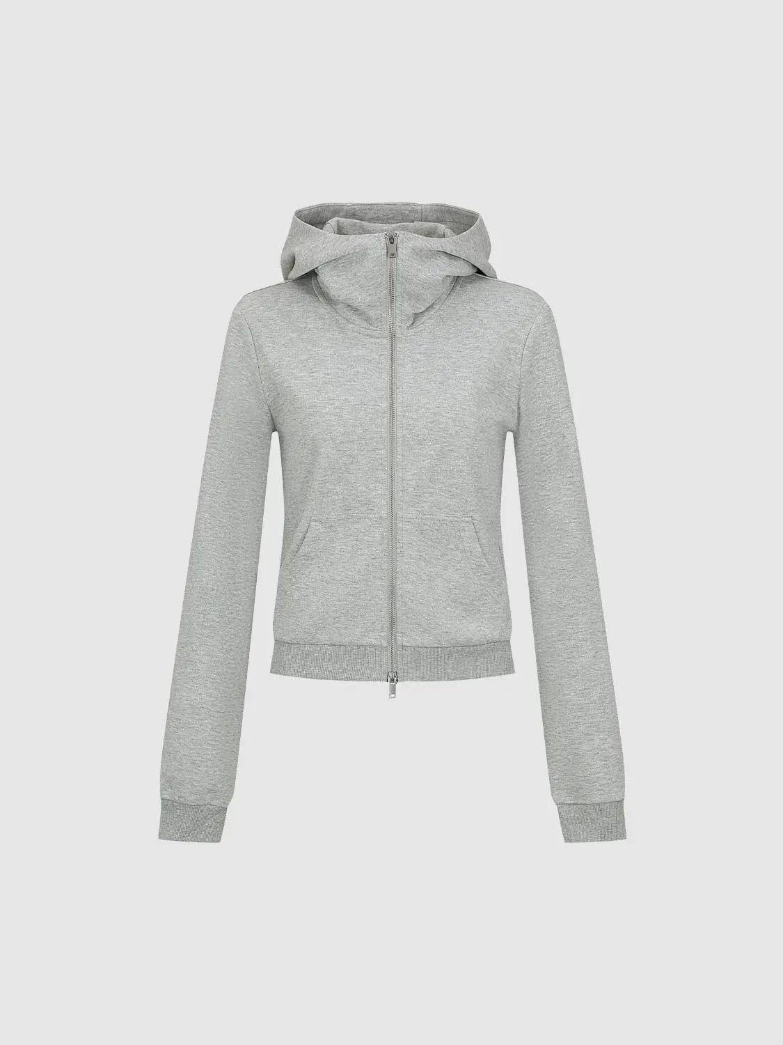 Heather Grey Cropped Zip Front Cotton Blend Hoodie