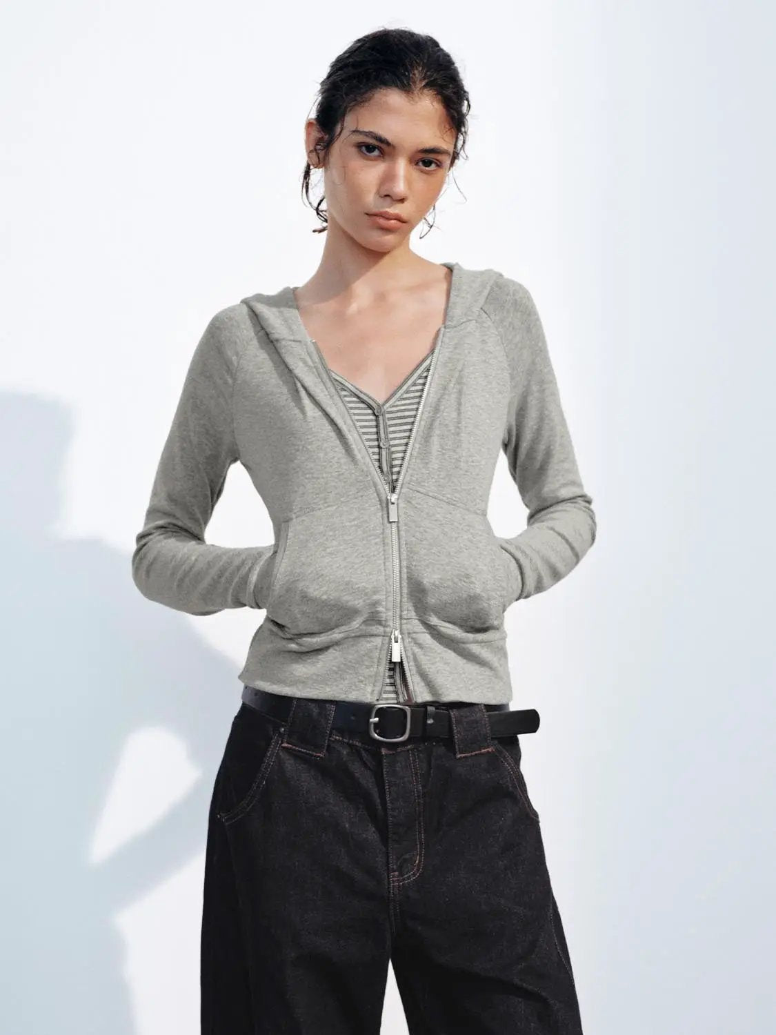 Fitted Long Sleeve Solid Zip Front Cotton Blend Hoodie
