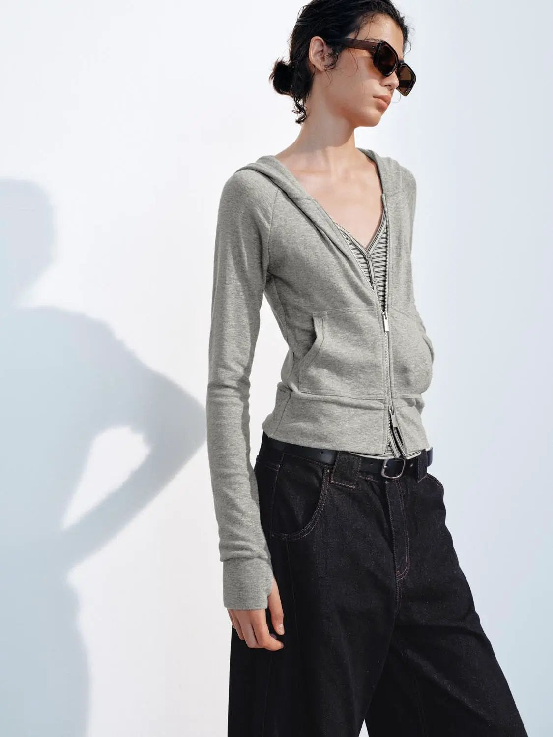Fitted Long Sleeve Solid Zip Front Cotton Blend Hoodie