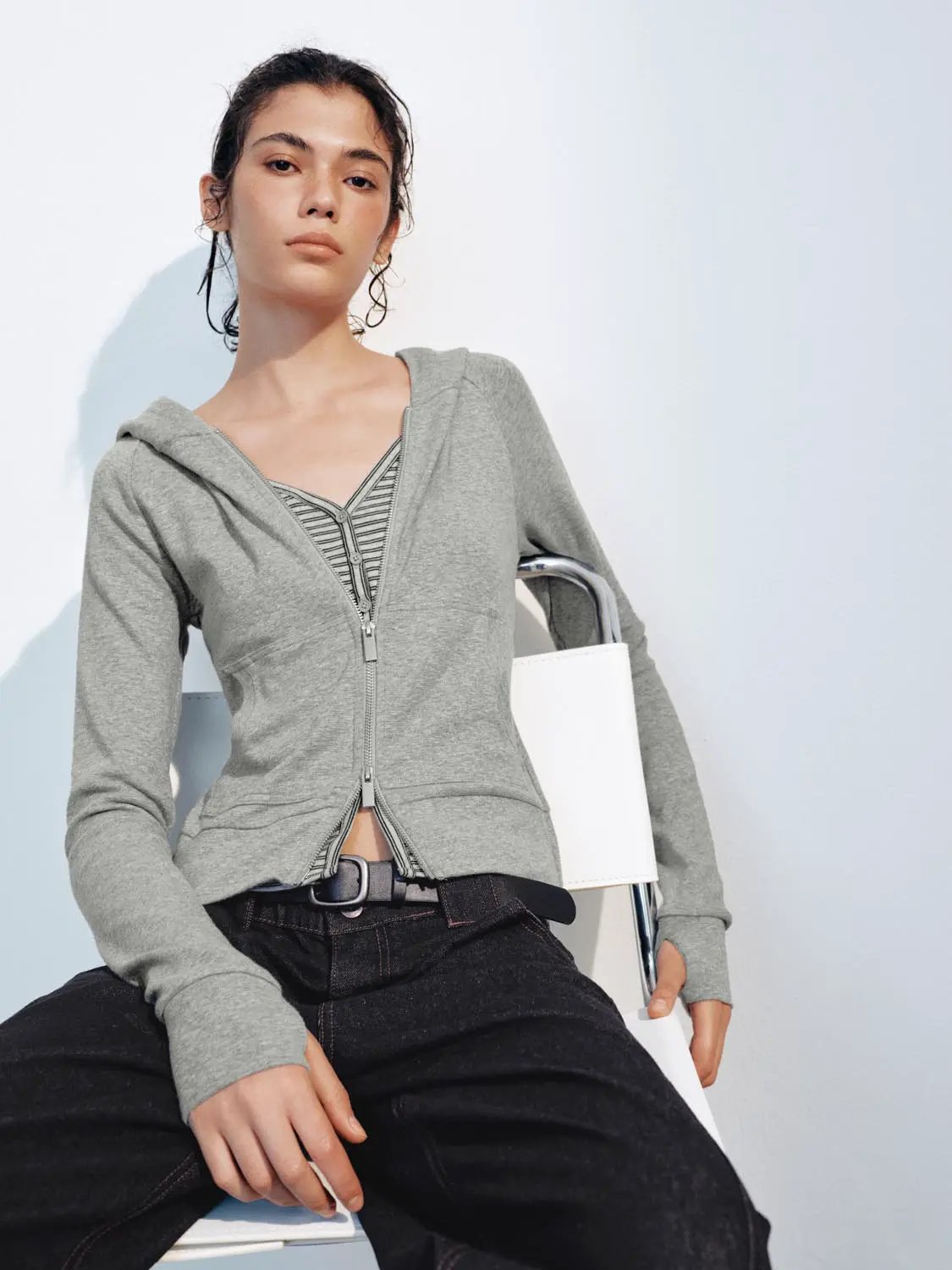 Fitted Long Sleeve Solid Zip Front Cotton Blend Hoodie