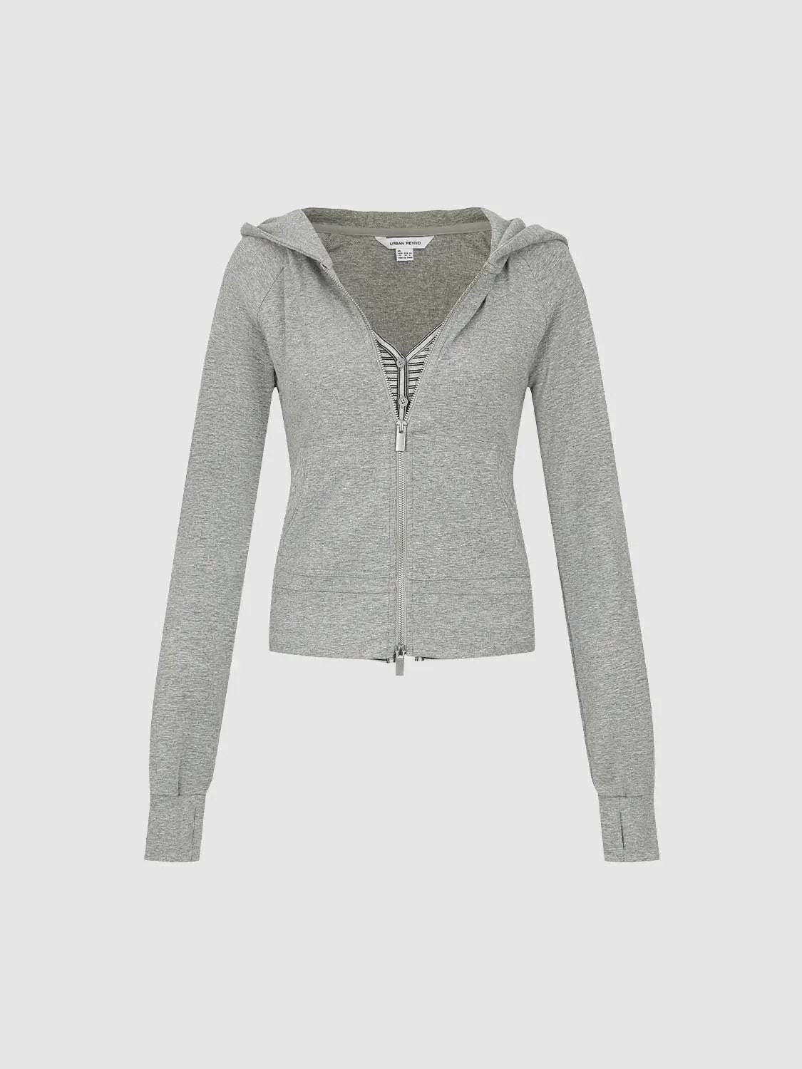 Fitted Long Sleeve Solid Zip Front Cotton Blend Hoodie