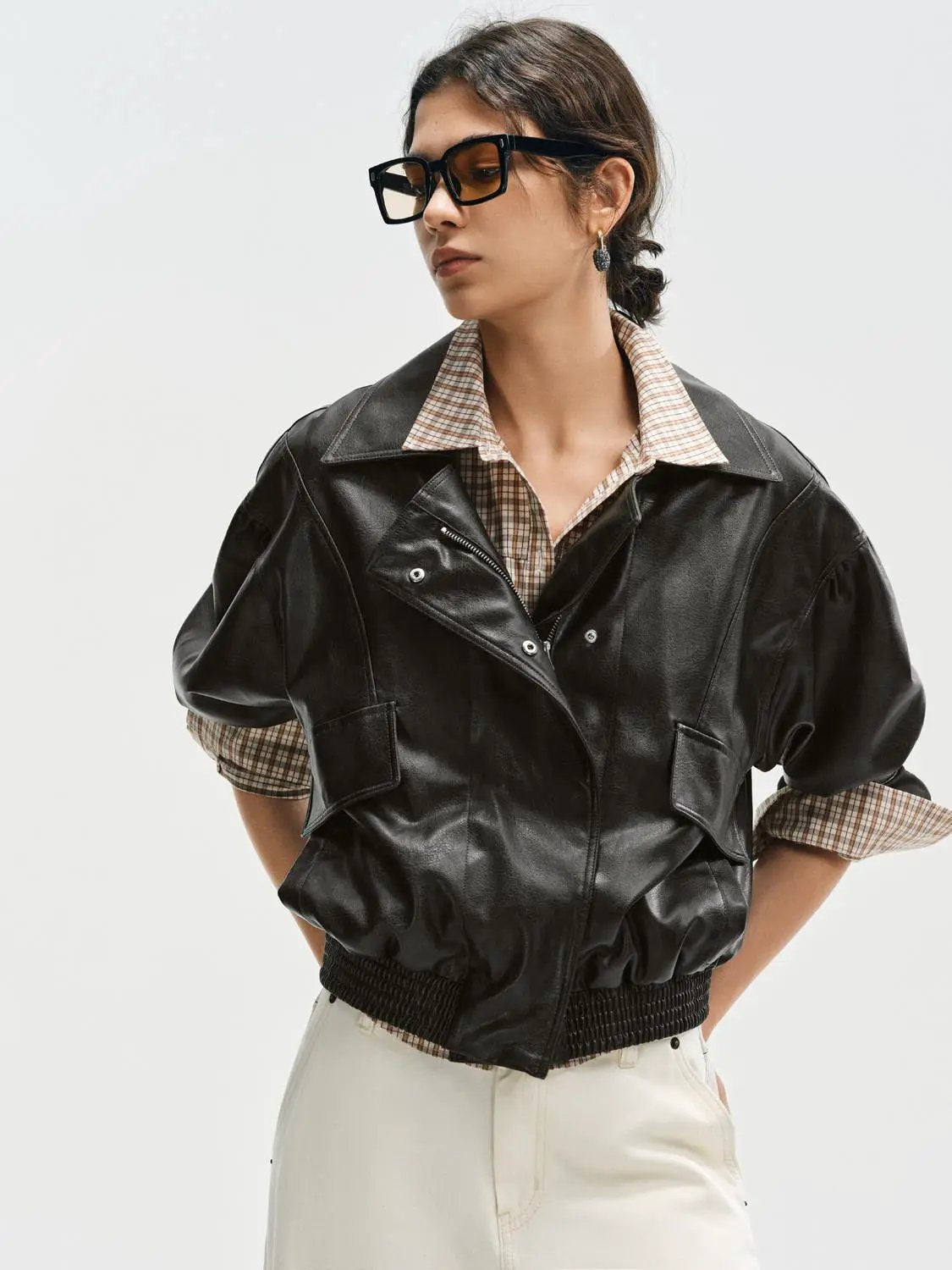 Checked Shirt Collar Short Sleeve Elasticated Hem Jacket