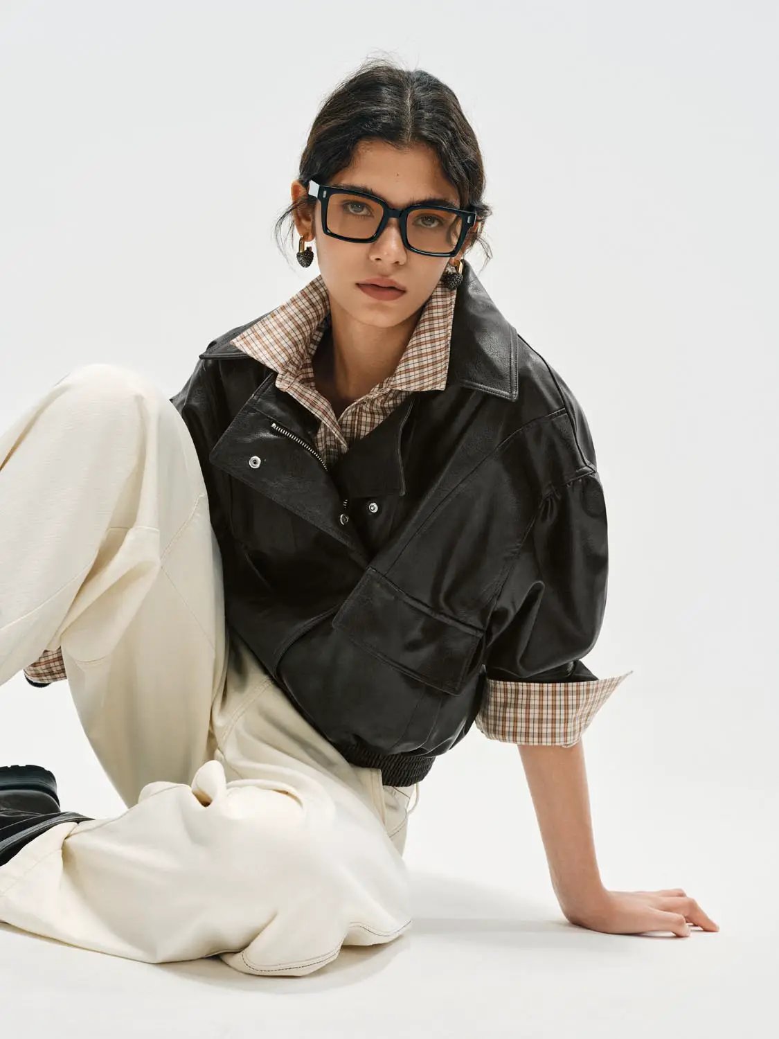 Checked Shirt Collar Short Sleeve Elasticated Hem Jacket