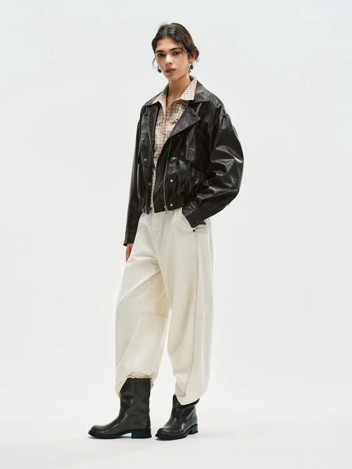 Checked Shirt Collar Short Sleeve Elasticated Hem Jacket