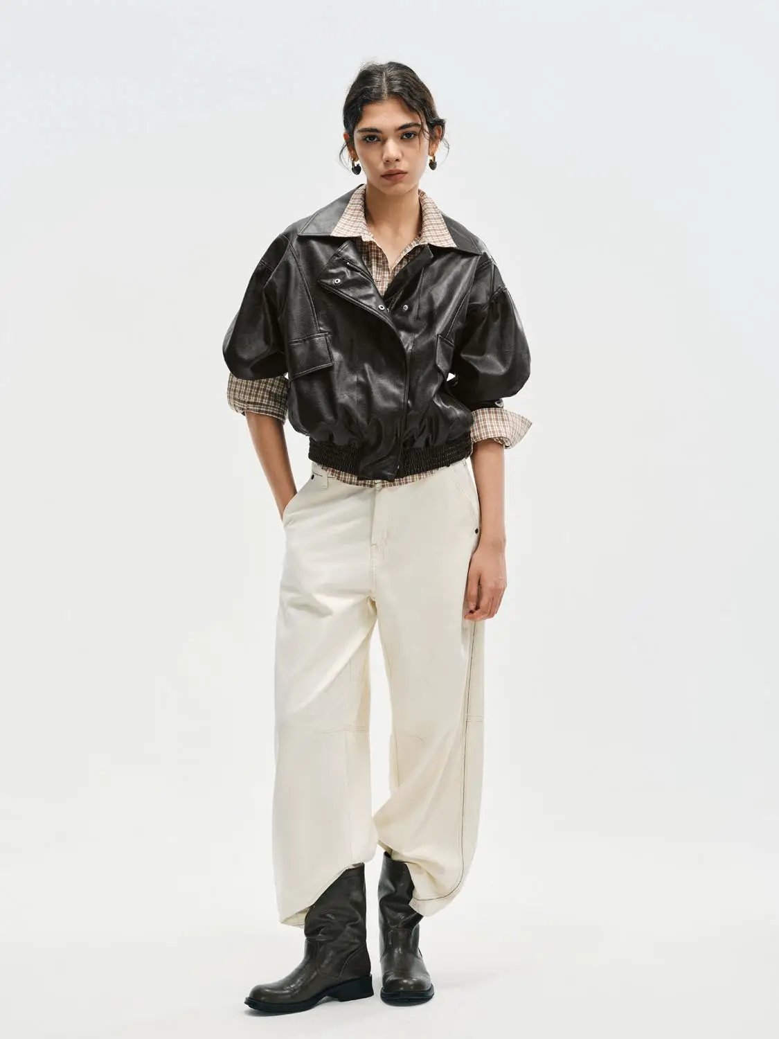 Checked Shirt Collar Short Sleeve Elasticated Hem Jacket