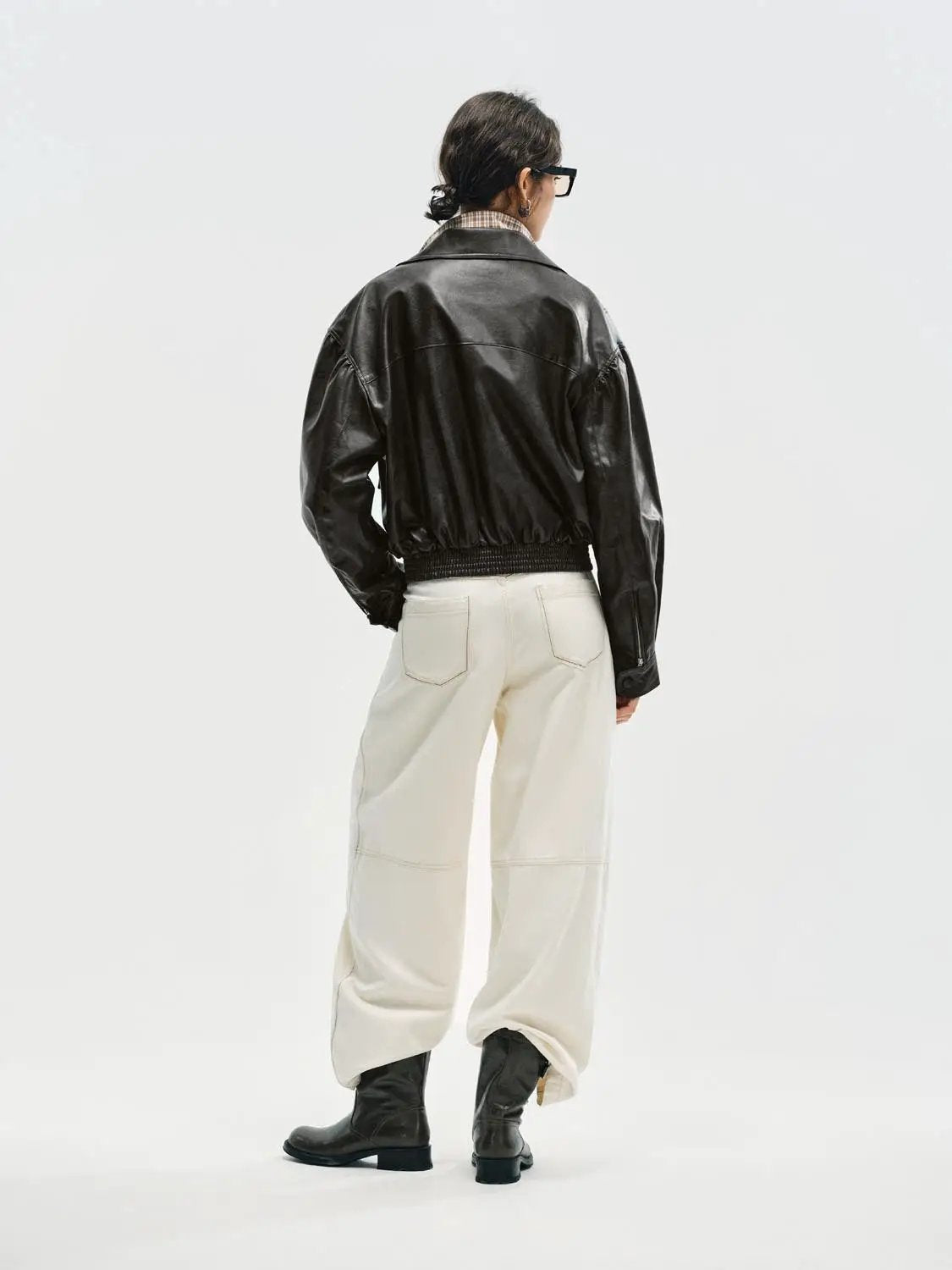 Checked Shirt Collar Short Sleeve Elasticated Hem Jacket
