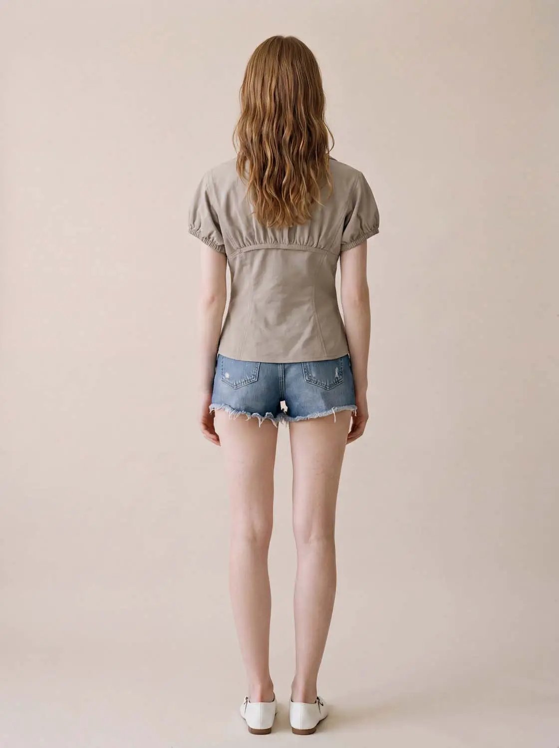 Zip Front Fitted Collared Short Sleeve Cotton Jacket