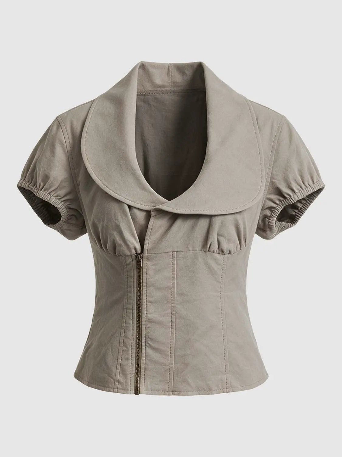 Zip Front Fitted Collared Short Sleeve Cotton Jacket