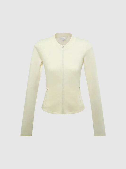 Zip Front Fitted Long Sleeve Cotton Blend Jacket