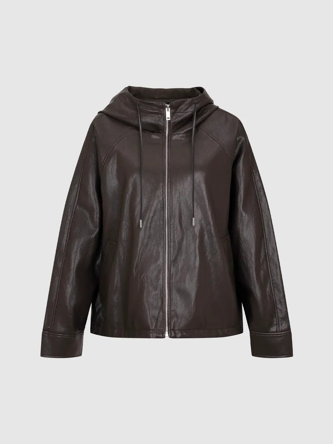 Hooded Long Sleeve Faux Leather Jacket