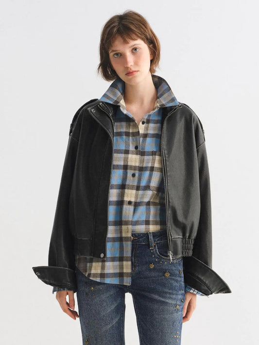 Zipper Front Ribbed Hem Oversized Shirt Collar Long Sleeve Jacket