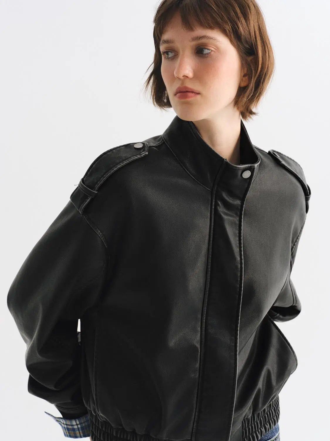 Zipper Front Ribbed Hem Oversized Shirt Collar Long Sleeve Jacket