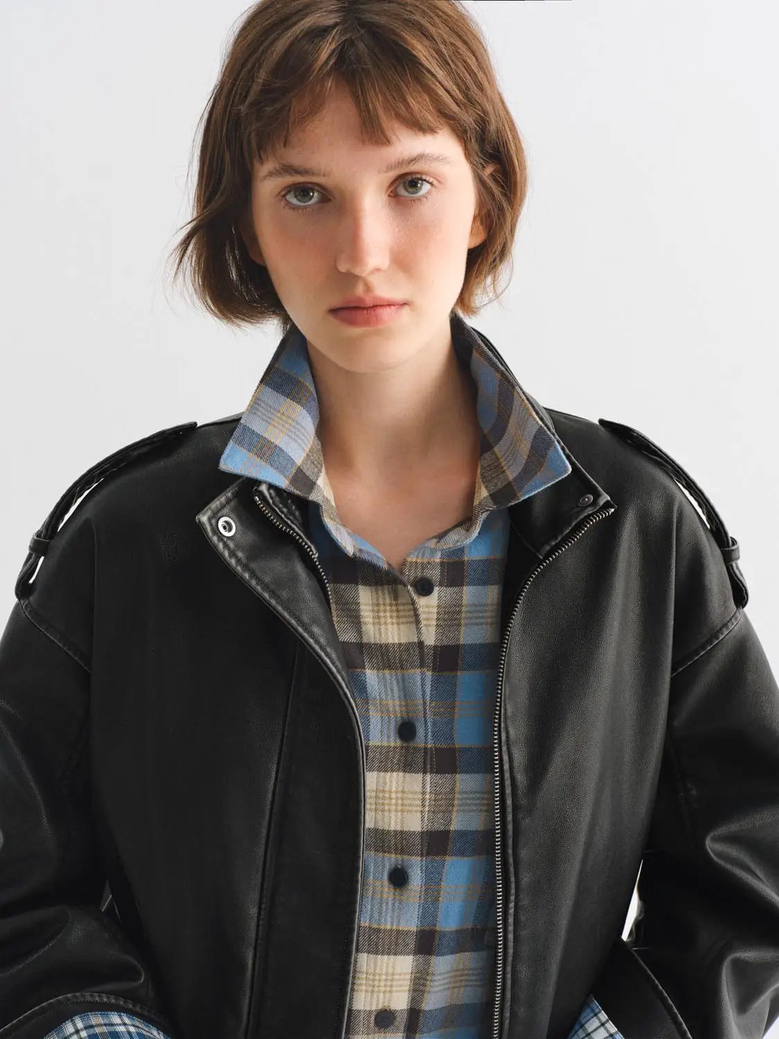 Zipper Front Ribbed Hem Oversized Shirt Collar Long Sleeve Jacket