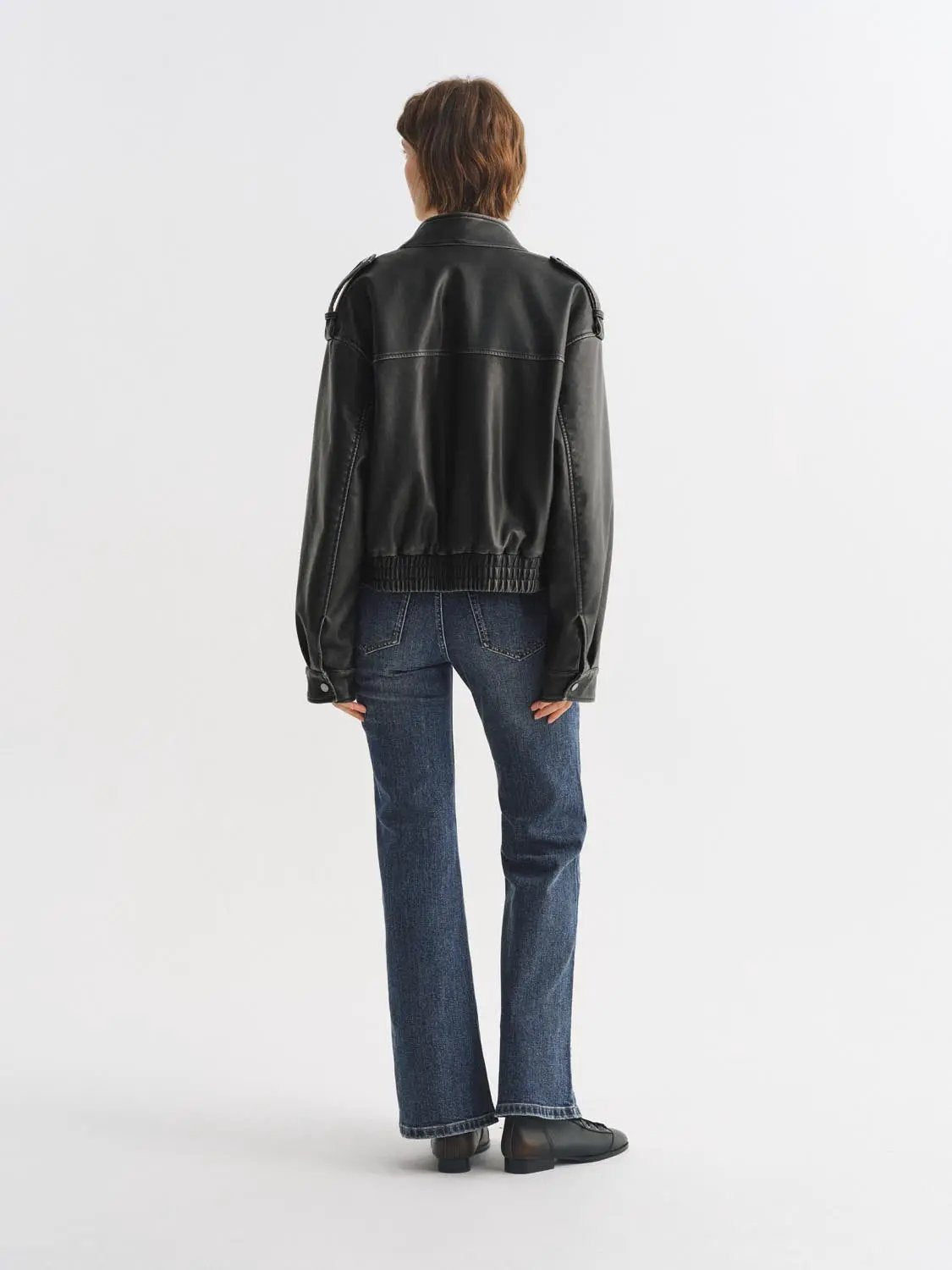 Zipper Front Ribbed Hem Oversized Shirt Collar Long Sleeve Jacket