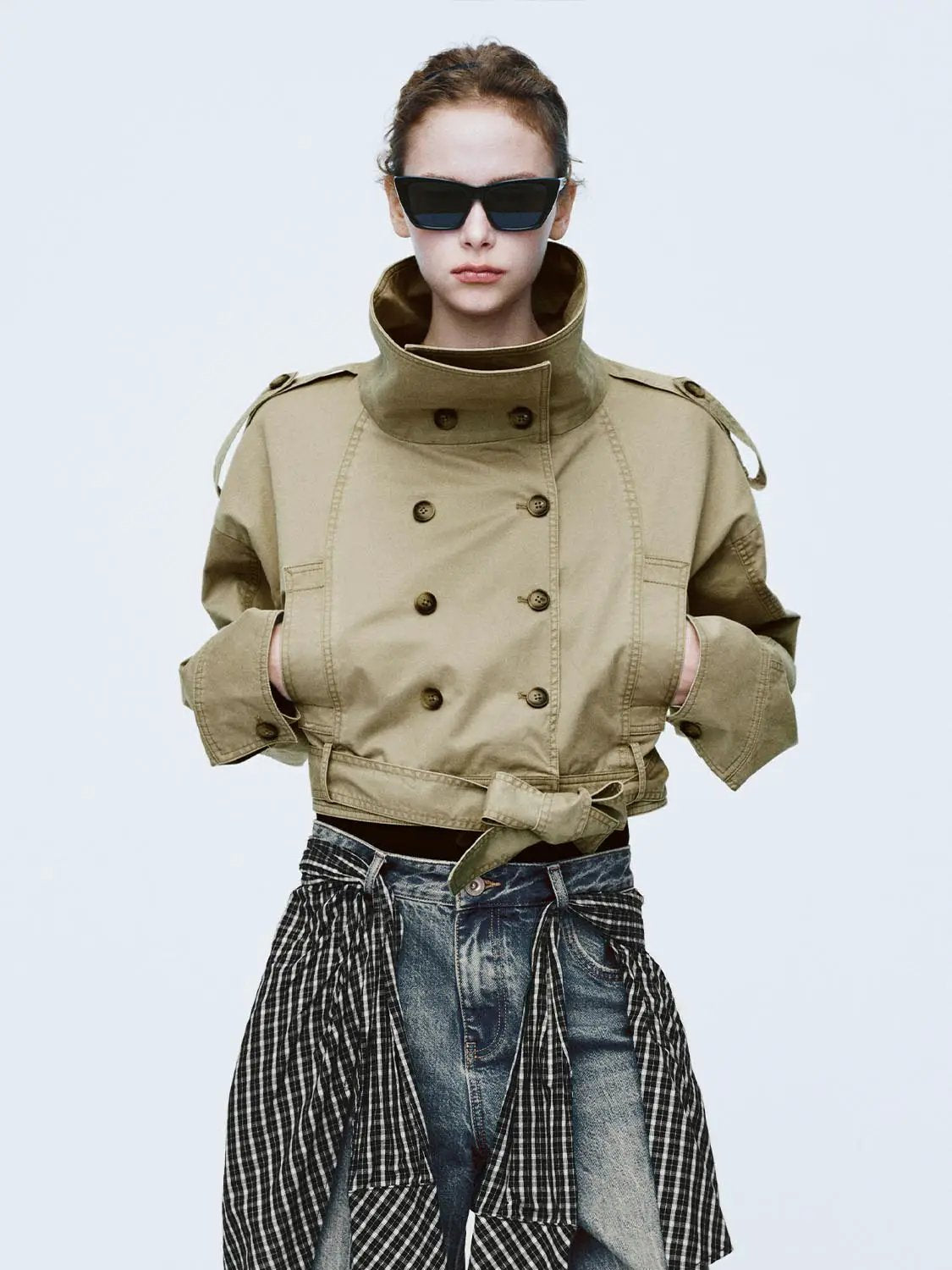 Double Breasted Belted Cropped Long Sleeve Cotton Jacket