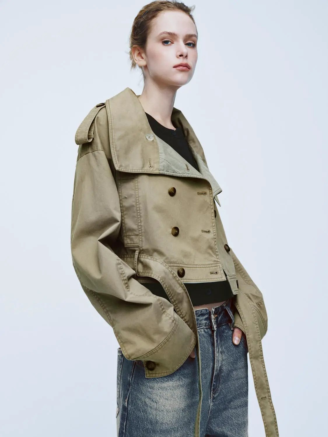 Double Breasted Belted Cropped Long Sleeve Cotton Jacket