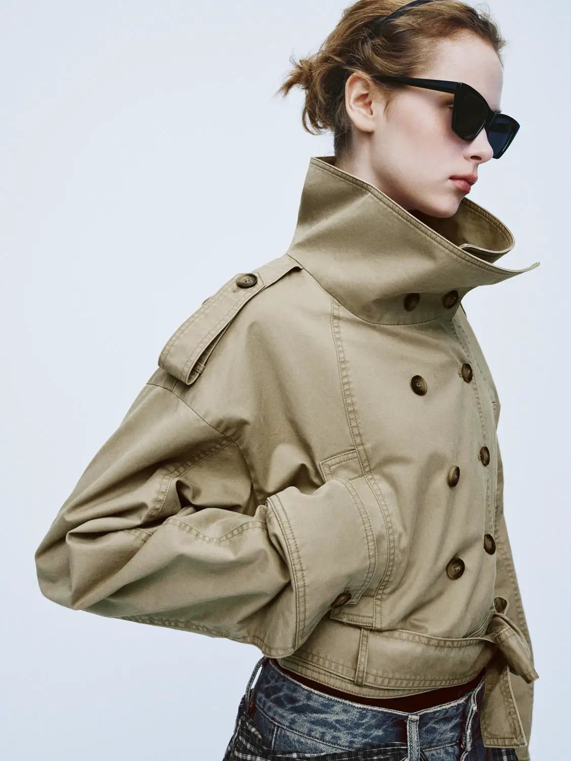 Double Breasted Belted Cropped Long Sleeve Cotton Jacket